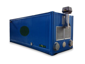 Varmluftspanna integrerat pannrum Containermodul Pellets 350kW
