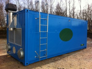 Varmluftspanna integrerat pannrum Containermodul Pellets & Ved 70kW